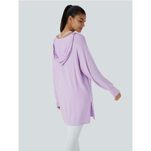 Halara Long Sleeve V Neck Tunic Hoodie Dress Lilac Purple Size L Athleisure NWT - Picture 2 of 14